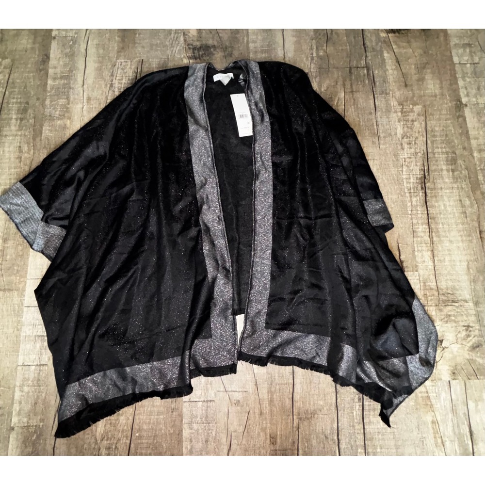 Calvin Klein Womens Black Metallic Silver Shimmer Wrap Poncho Shawl NWT